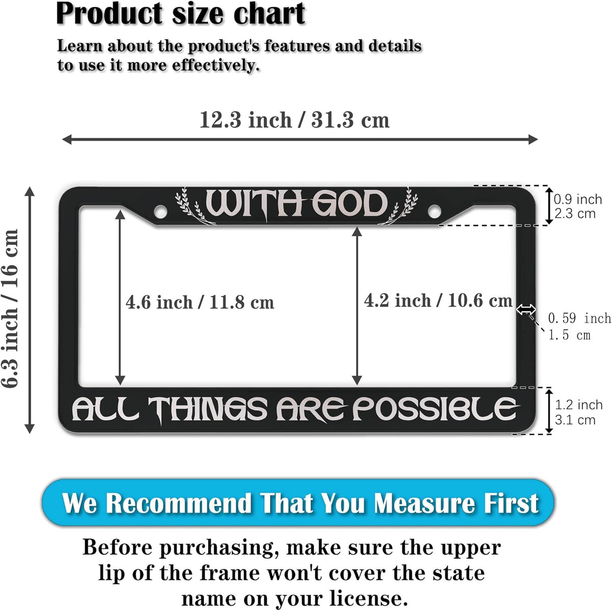 License Plate Frame Black and White Front License Plate Bracket with God All Things are Possible Universal Aluminum Car Accessory 2 Pack with Screw Covers Set