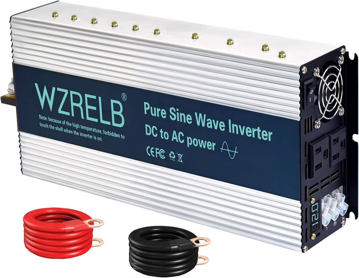 WZRELB 3500W Pure Sine Wave Inverter, Car Power Inverter 12V DC to 110V 120V AC Converter for RV, Truck, Solar, Outdoor with Dual AC Outlets, Hardwire Port, Surge 7000W, LED Display,Off-Grid