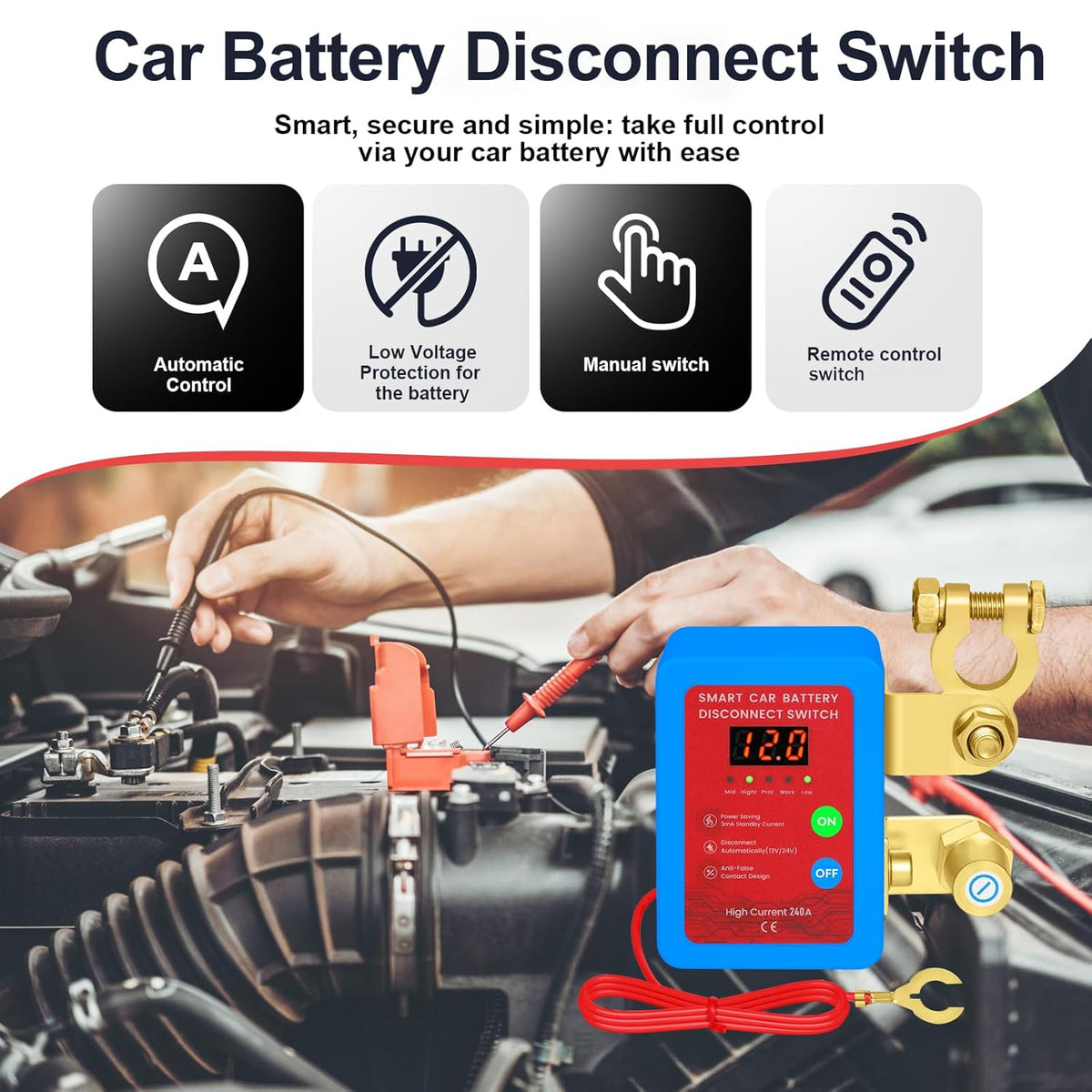 Kill Switch for Car-Remote Battery Disconnect Switch 12V,Upgrade Smart Voltage with LED Screen,Smart Voltage Car Kill Switch for Vehicle, RV, ATV, Truck, Boat (Blue)