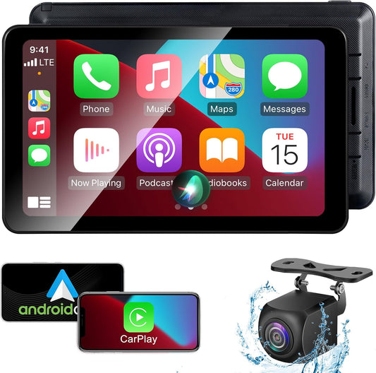 Compatible Wireless Apple CarPlay Android Auto Screen fo Car, 7" HD Backup Camera Portable Stereo Bluetooth Touch Screen, GPS Navigation, Mirror Link, Siri, AirPlay, FM, AUX