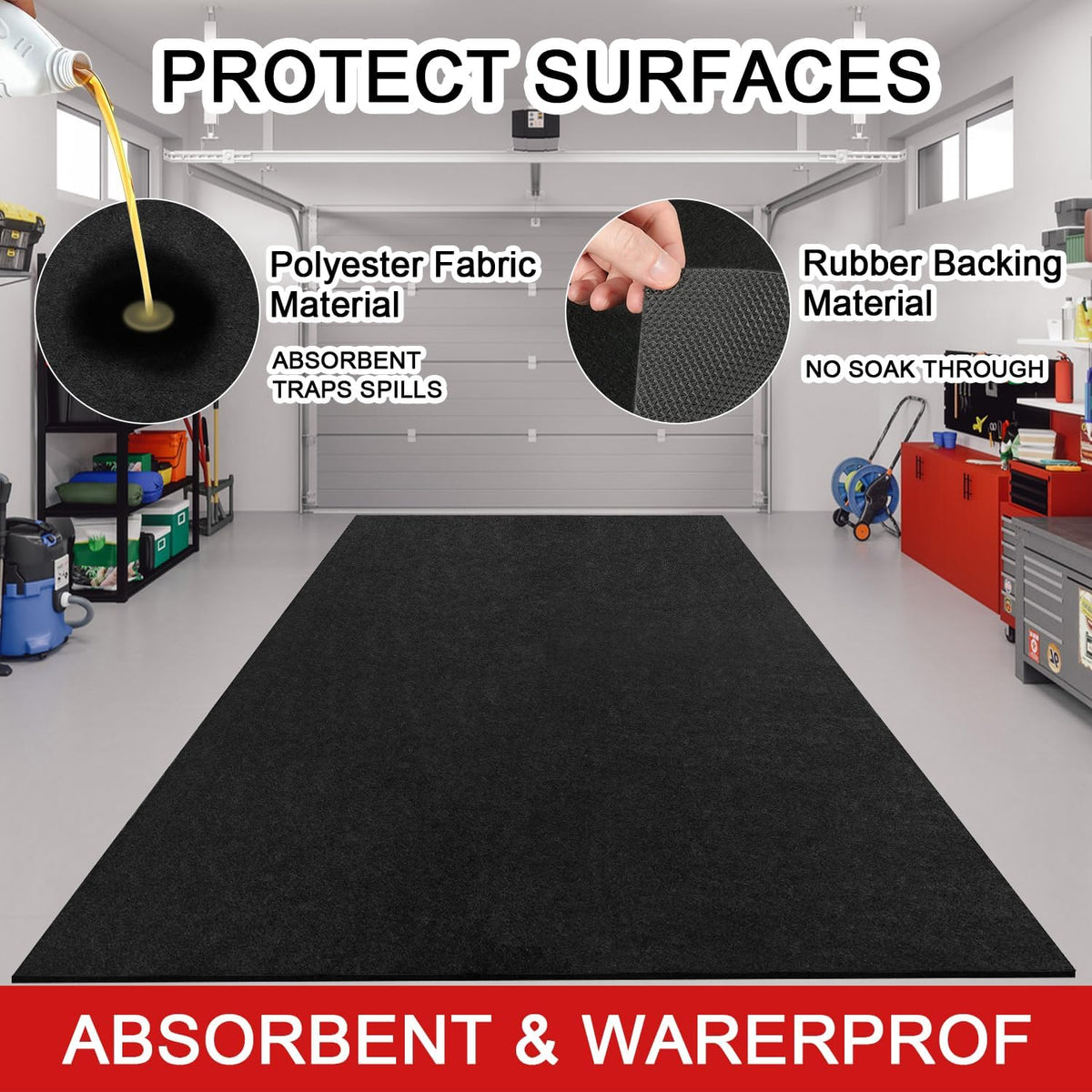 Golener Oil Spill Mat - Garage Floor Mat, Absorbent Oil Pad, Premium Maintenance Mat, Waterproof, Contain Liquid, Protect Garage Surface from Spill & Stain, Reusable, Washable, Durable, Black, 72”x96”