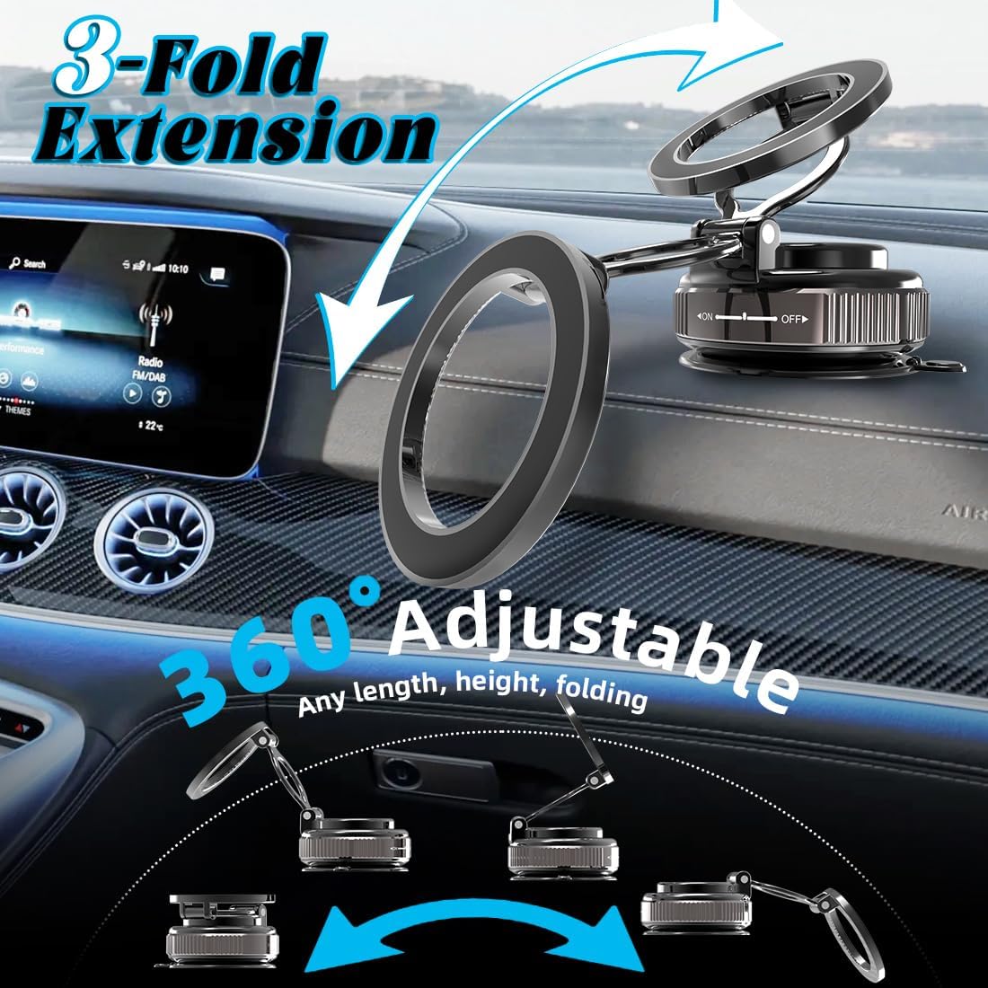 EnerCharge Magnetic Car Phone Holder, with 360° Adjustable & 3-Fold Extension, Upgraded Vacuum Suction Cup Cell Phone Mount for Car/Gym/Kitchen/Shower (Aluminum Alloy)