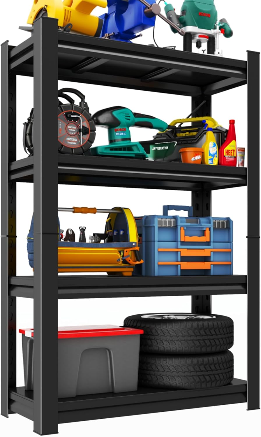 Metal Garage Shelving Unit, Heavy Duty Adjustable Storage Rack, Steel Shelving,2000 lbs Capacity, Industrial Shelves for Heavy Tools and Equipment (4-Tier 59" H x 32" W x 14" D)