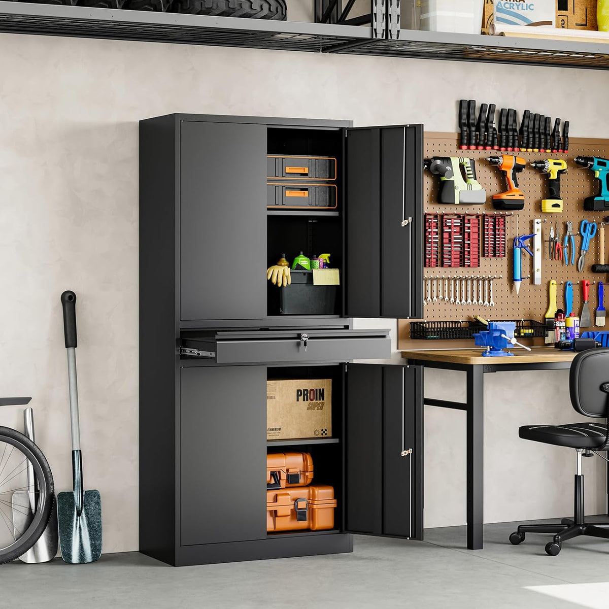 Yizosh Metal Garage Storage Cabinet with Locking Doors and Adjustable Shelves, 71" Tool Storage Cabinet with 1 Drawer for Garage,Warehouse (Black)