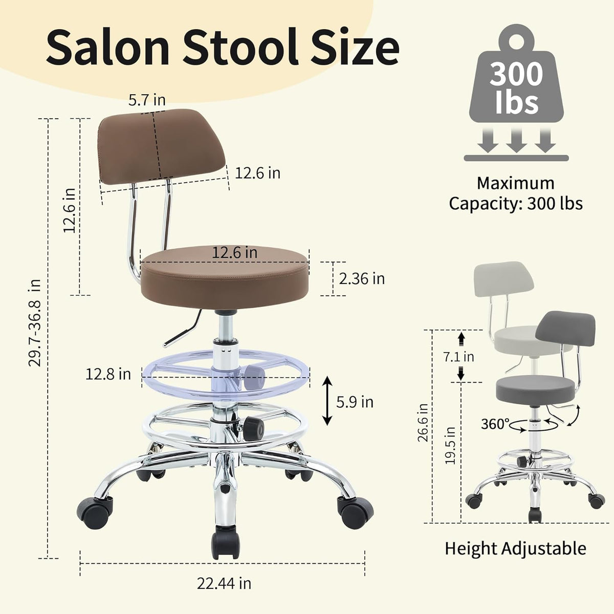 Salon Rolling Chair, Adjustable Stool with Footrest and Back 19.5’’-26.6’’,Coffee Brown Massage Stools with Wheels (Coffee Brown)