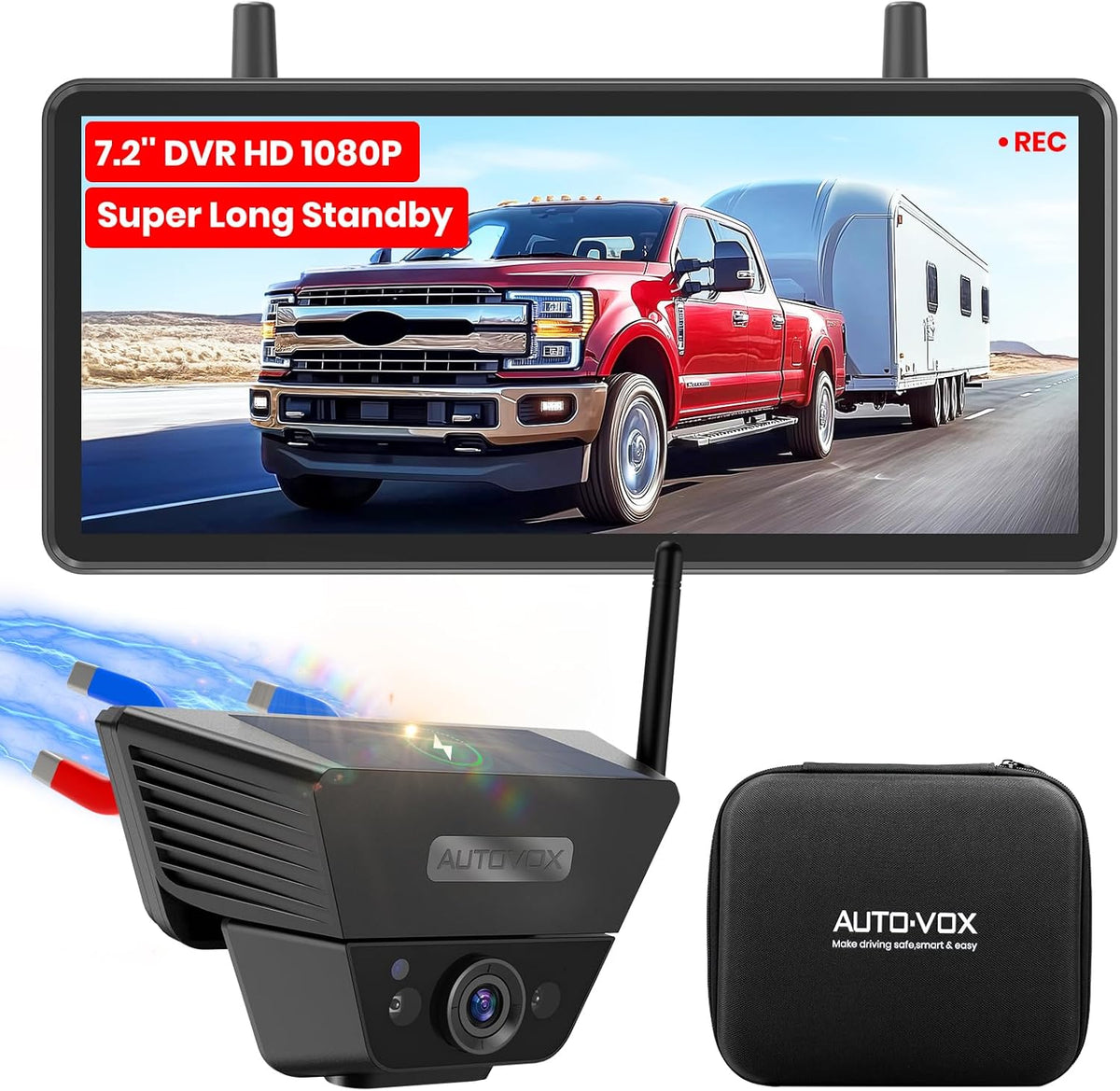 AUTO VOX Wireless Backup Camera Solar Magnetic: with 7.2" DVR 1080P 2 Split Recording Monitor, Dual Antenna Stable Signal,IP69K & 1-Min Install,HD IR Night Vision for Truck, Trailer, RV, Camper