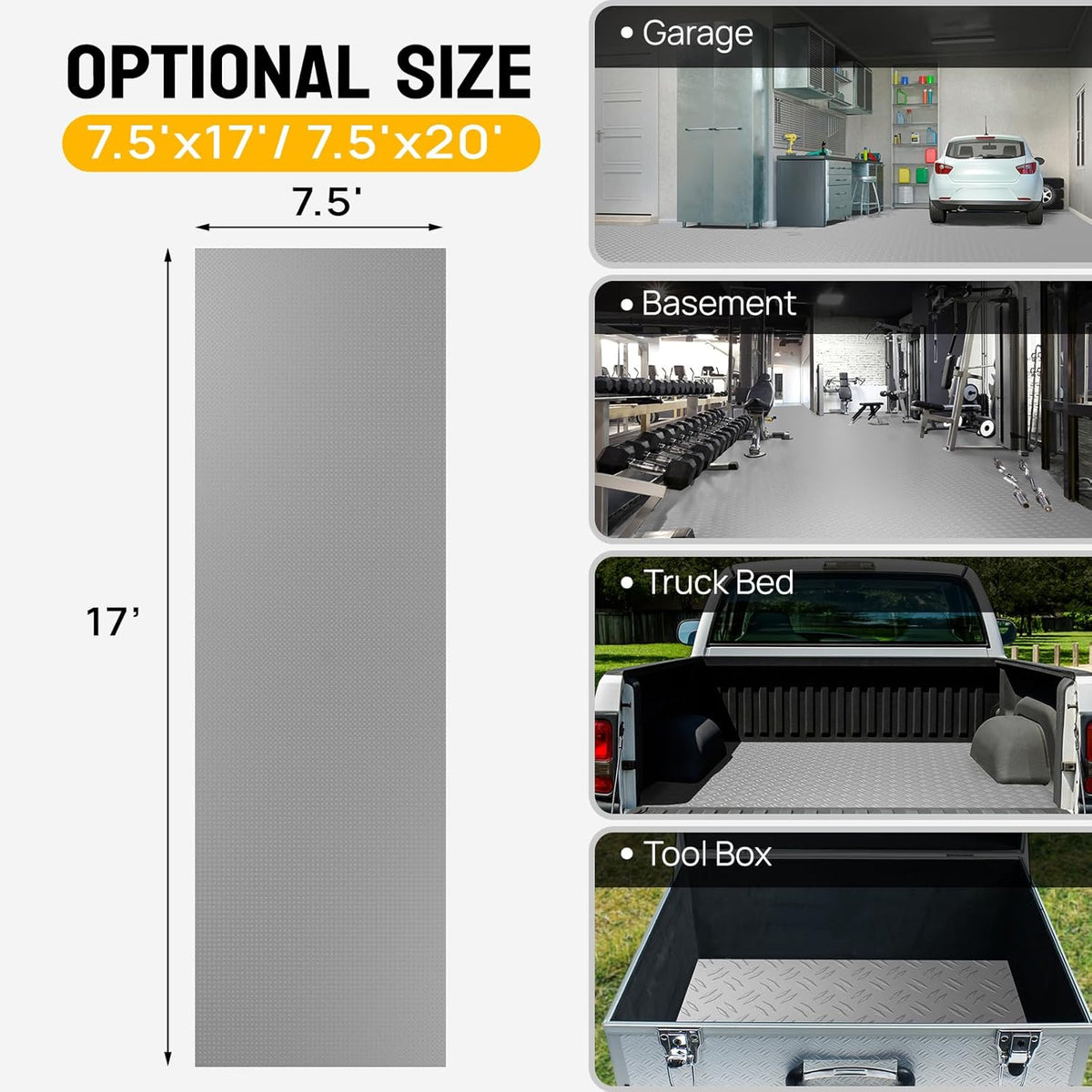 TUFFIOM 7.5 x 17 FT Garage Floor Mat, Thickened Diamond Plate PVC Garage Mats Flooring Roll for Under Car, Garage Car Parking Mats for Compact SUVs, Sports Car