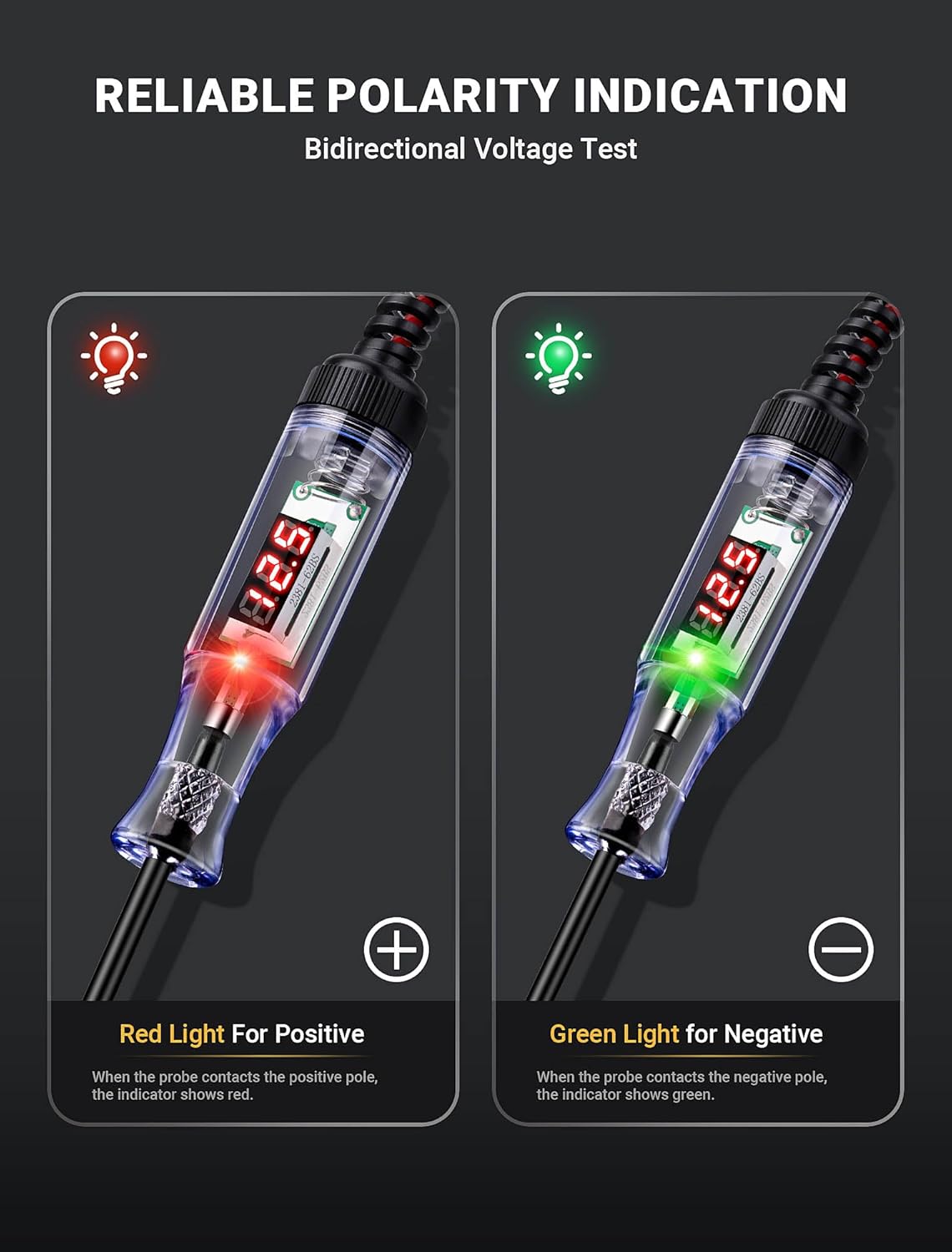 Automotive Test Light with 5-120V LED Digital Voltage Display, Circuit Tester Automotive with Voltmeter & Dual Color Polarity Indicator, Electrical Test Pen with Long Probe for Car RV Fuse Checker