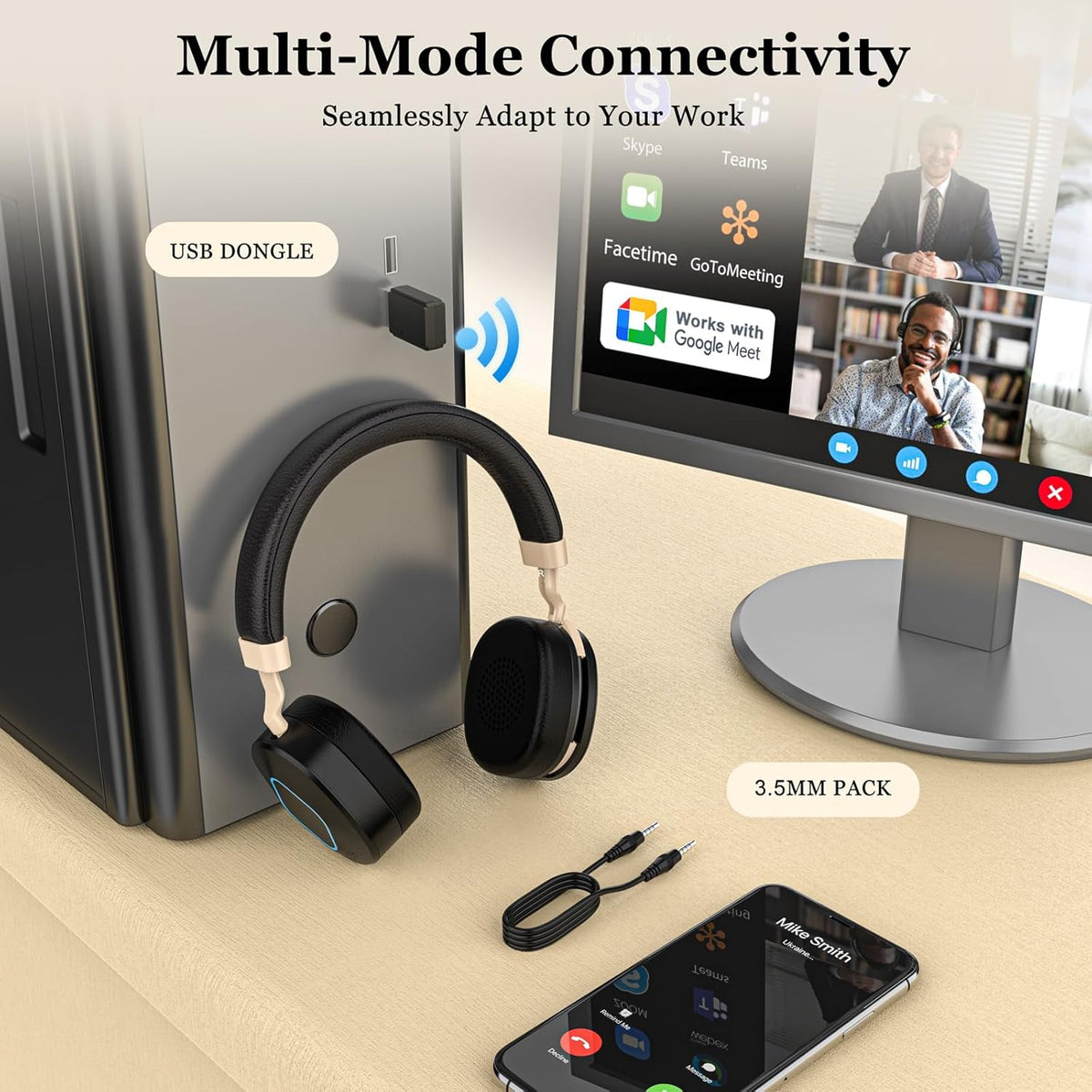 Wireless Headset with Mic for Work, Bluetooth Headphones with Microphone, Hybrid Mode Wireless/Wired, Dual AI Noise Cancellation, Retractable Boom Mic, USB Dongle & Mute for Home/Office/PC/Cell Phones