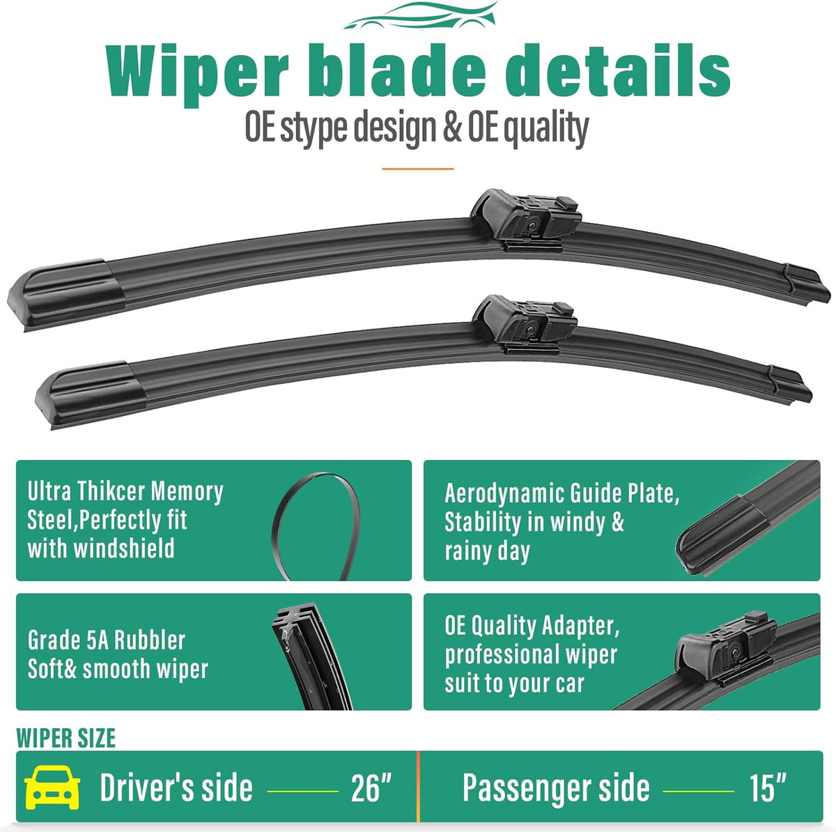 26" 15" 12" Windshield Wiper Blades Replacement for Ford Fiesta 2009-2018 Premium All Weather Front Rear Wipers Set - OEM Quality (Pack of 3)