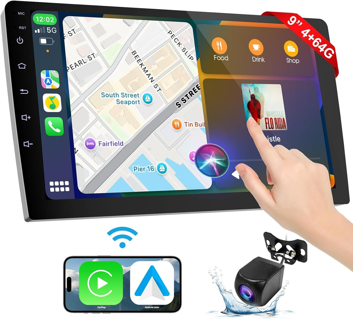 Wireless Double Din Car Stereo with Apple CarPlay/Android Auto,Carplay Screen for Car,Voice Control with Backup Camera,Bluetooth,Navigation, Mirror Link (9 Inch)