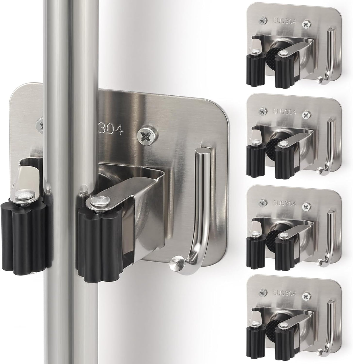 Broom Holder Wall Mount Screw Drilling, Sturdy Heavy Duty Stainless Steel Mop Gripper Rack Perforated, Perfect for Laundry Room Organizer, Fit with Laundry Kitchen Garage Garden Storage System