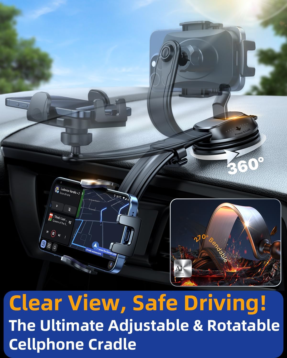 YRU [2025 Ultimate Car Phone Holder [Bendable & Adjustable Aluminum Arm] Cell Phone Automobile Cradles Dashboard Windshield Pickup Truck Phone Mount for iPhone 16 15 14 13 Pro Max Samsung,Tomato Red