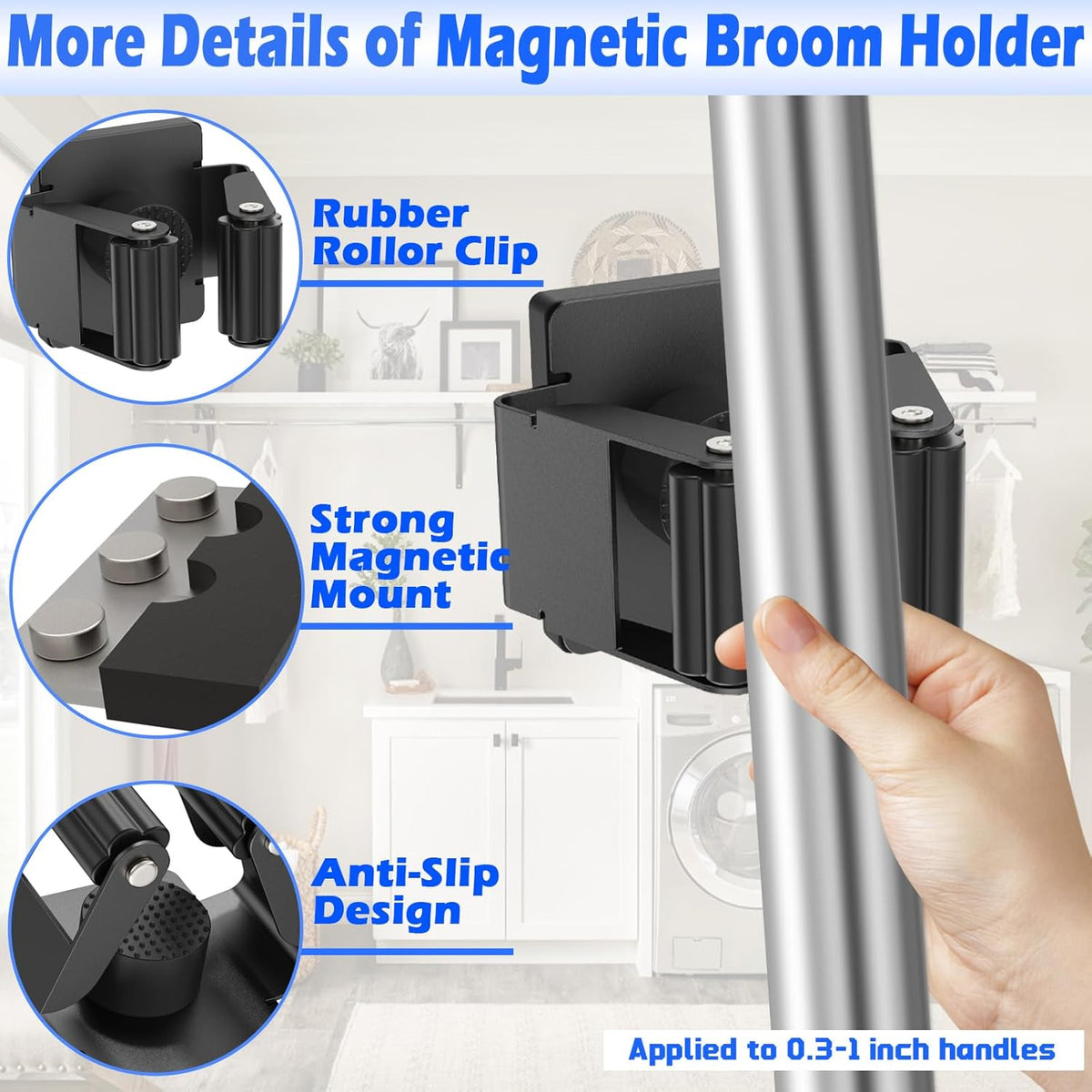 Strong Magnetic Mop Broom Holder, 2 Pack Heavy Duty Magnetic Mop Hanger for Refrigerators, Magnet Wall Mount Broom Holder Tool Storage for Laundry Room Garage Kitchen Workshops Metal Shed