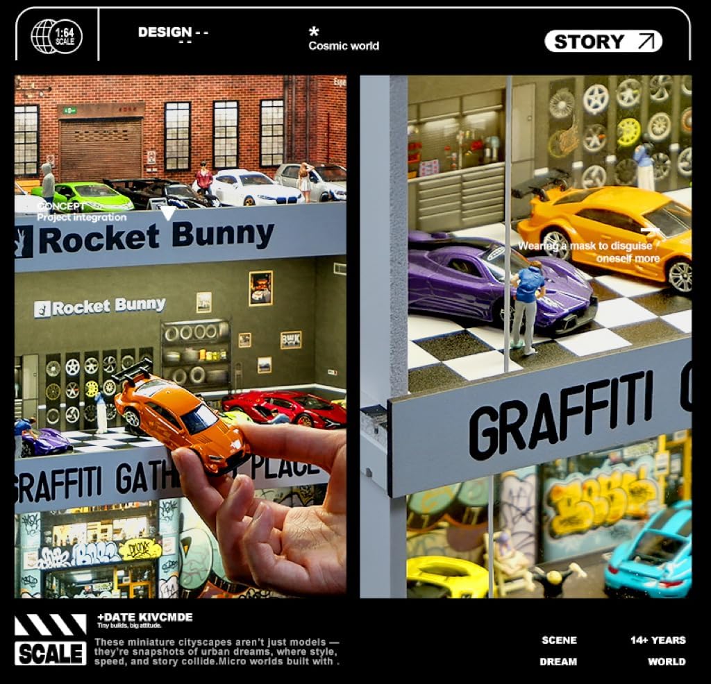 Display Case for Hot Wheels: Stackable Parking Garage for 1/64 Scale Matchbox Toy Car, FoamBoard Storage for Monster Trucks with LED Light and Acrylic Cover, 2025 Upgraded Rocket Bunny