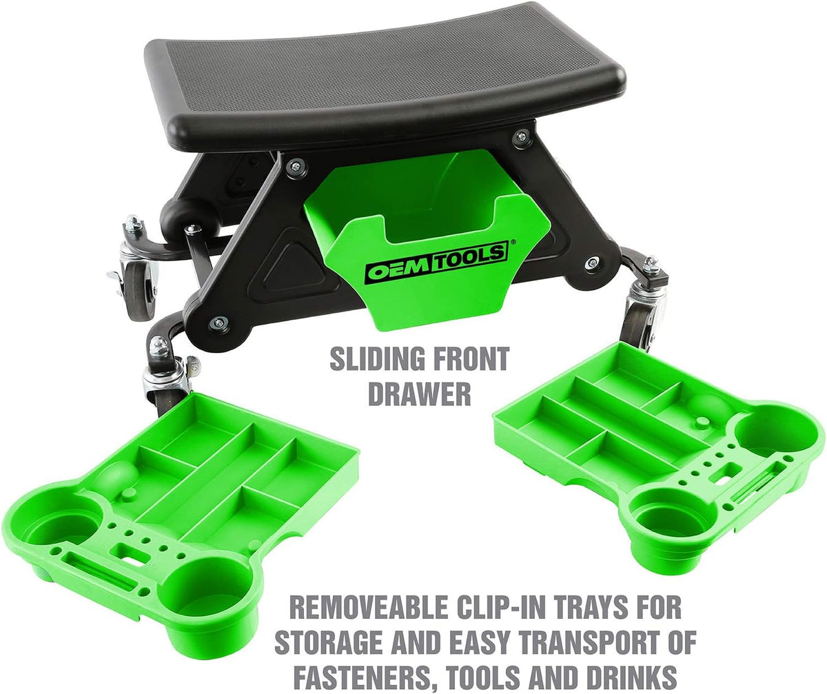 OEMTOOLS 24986 Heavy-Duty Rolling Workbench and Creeper Seat, Mechanics Stool with Wheels, Creepers, Shop Stools with Wheels, Automotive, Green and Black 300 LB Capacity