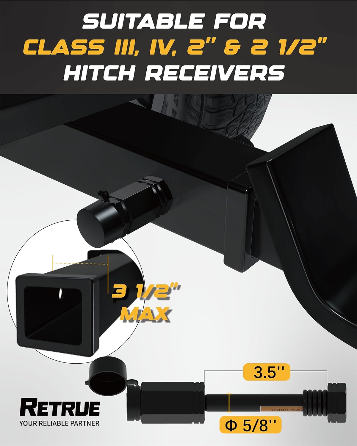 RETRUE Heavy-Duty Trailer Hitch Locks - 5/8" Pin for 2" and 2-1/2" Class III-IV Receivers, Includes 5 O-Rings and Weatherproof Caps, Ideal Trailer Accessories