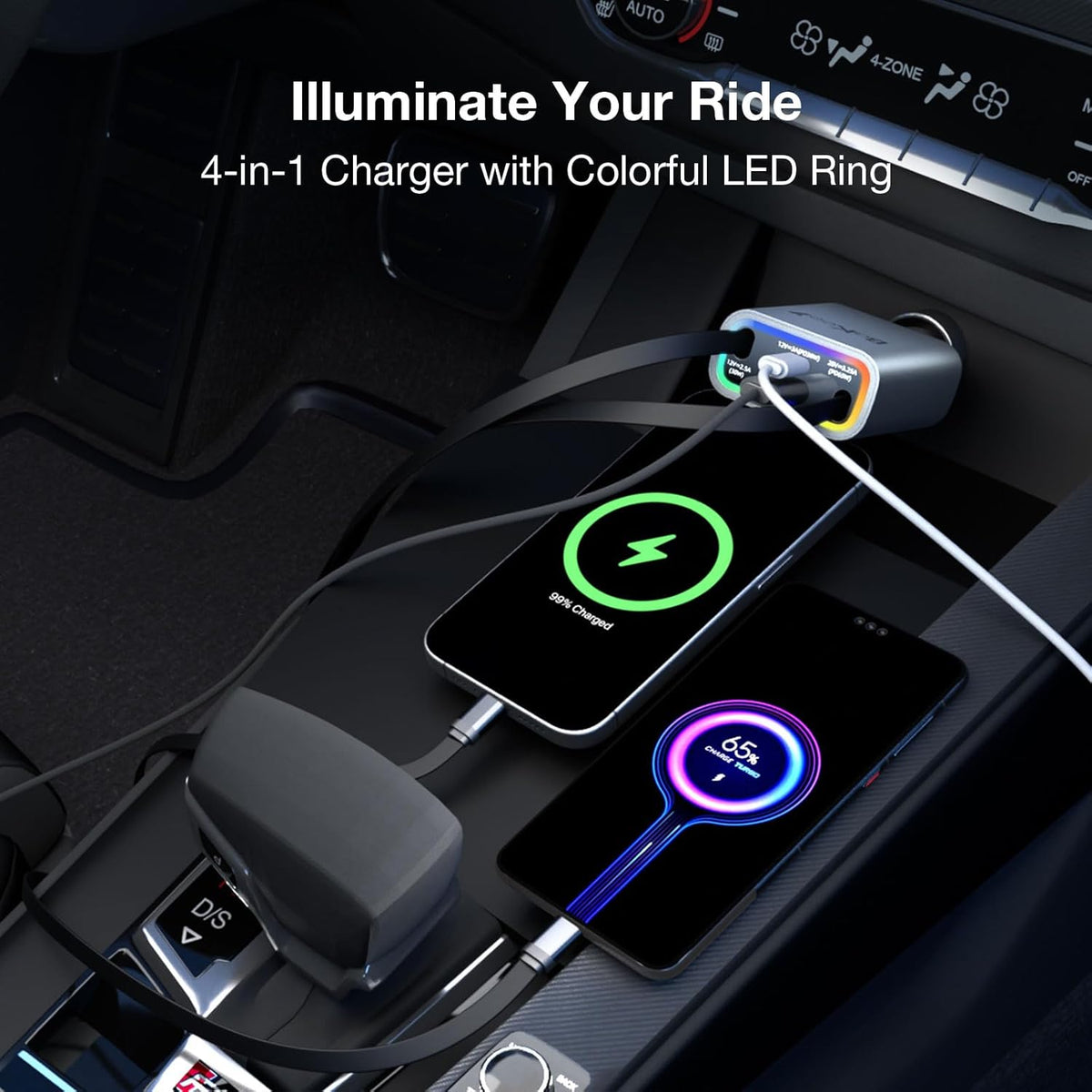 Retractable Car Charger 4 in 1, 131w Cigarette Lighter Adapter USB C, Type C Retractable Fast Charging Car Charger Adapter Multi Port for iPhone16/15/14/13/12/11, Samsung and More