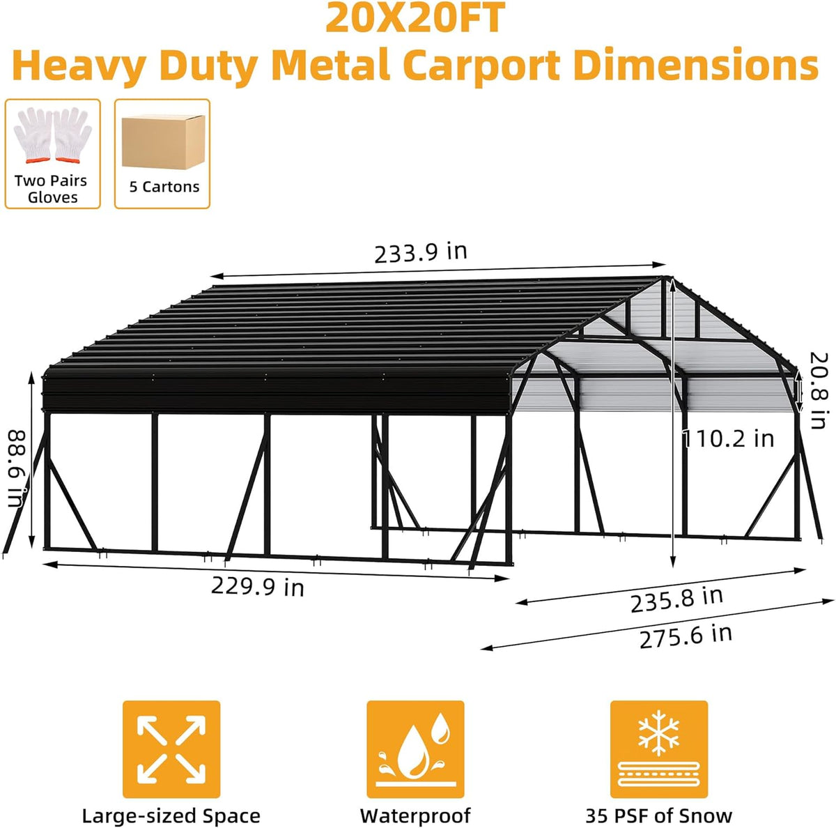 20 x 20 FT Metal Carport with Galvanized Steel Roof, Heavy Duty Metal Roof Carport with Enhanced Base, Tall MetalCarport Kits Garage for Tractors, Trucks, Boats, Cars