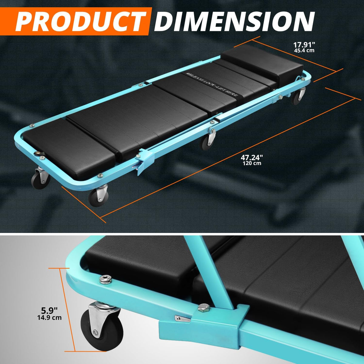 DNA MOTORING 48" 2 IN 1 Folding Rolling Garage Shop Creeper Roller Seat, 7 Pcs 2" Casters, 350 Lbs Weight Capacity, Tiffany Blue, TOOLS-00193-TB