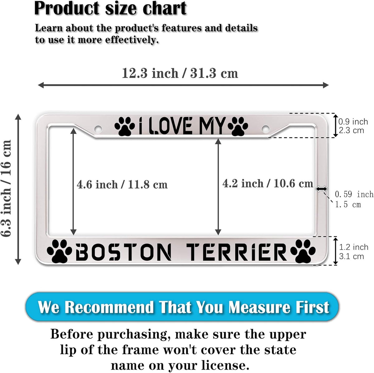 License Plate Holder Black and White License Plate Frames I Love My Boston Terrier Aluminum Metal Car Accessory 2 Pack with Screw Covers Set