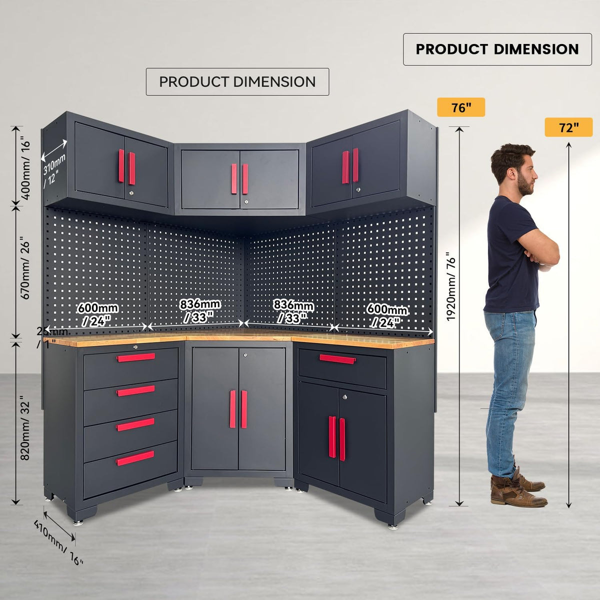Corner Workshop Set - 10-Pcs Garage Cabinets and Storage System with Corner Cabinet, Cabinet Drawers, Workbench, Pegboard for Tool Organization, Red and Black