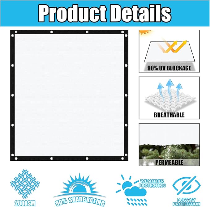 Amagenix 90% Pergola Shade Cover 8' X 13' Sun Shade Cloth with Grommets for Outdoor Garden Patio Porch, Commercial Grade 200 GSM - Cable Zip Ties Included (We Customized) GN108, White