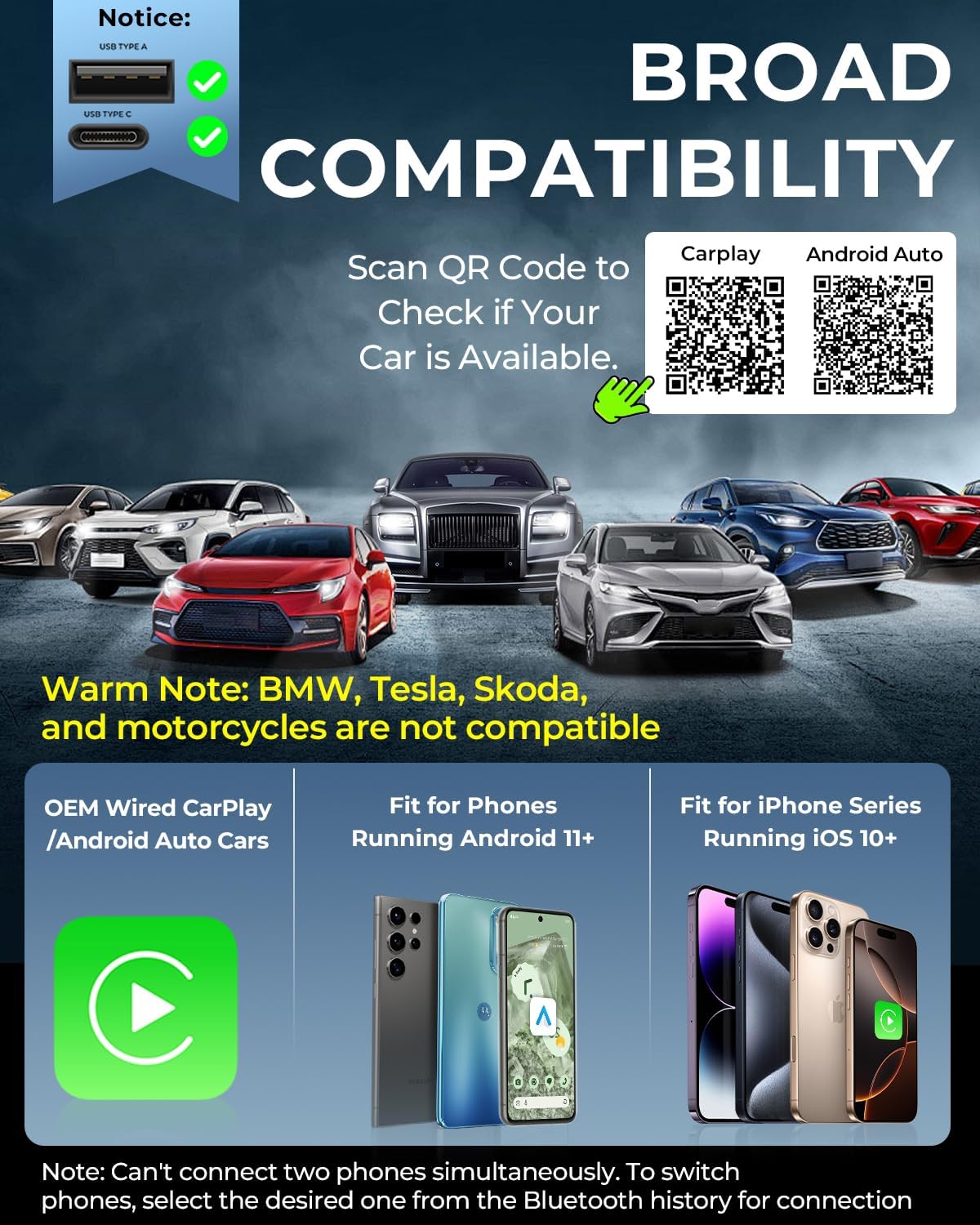 AuroraLink Wireless Carplay & Android Auto Adapter 2-in-1 Fast & Stable Carplay Wireless Adapter Convert Wired to Wireless Car Play Dongle for iOS 10+/Android 11+ (Blue)