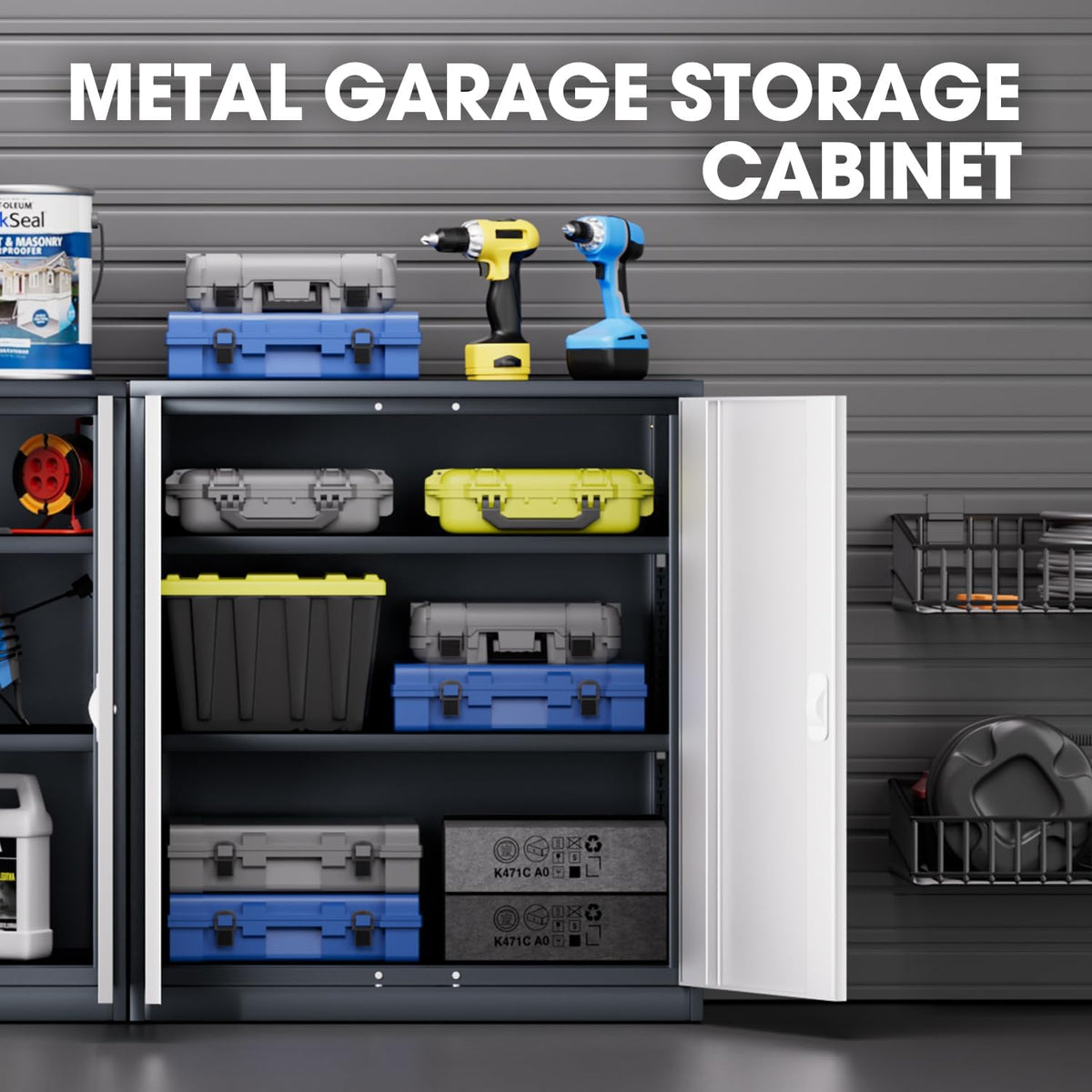 DNA MOTORING 36'' Metal Storage Cabinet, Locking Tool Cabinet with 2 Doors and 2 Adjustable Shelves, Heavy Duty Metal Locker for Garage,Office,Home,Gym, Gray White, TOOLS-00631-GY-WH-A