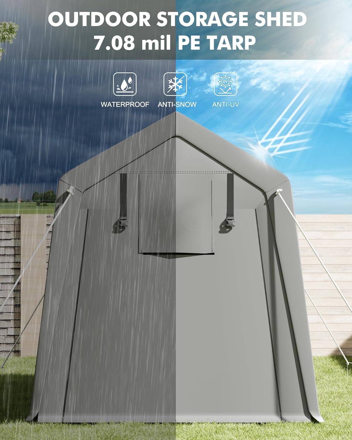 10 x 15 ft Carport Storage Shed, Portable Garage with Roll-up Zipper Door, Heavy Duty Waterproof Tarp, Storage for Motorcycle, Bike, Firewood, Garden Tools