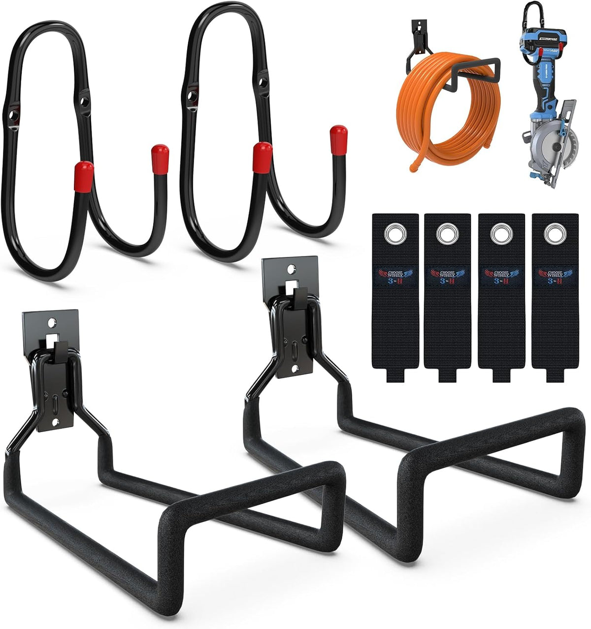 3-H Solid Steel Garden Hose Holder - 4 Pack Wall Mount Hanger with Extension Strap for Outdoor Air Hose, Ropes, Pipes & More