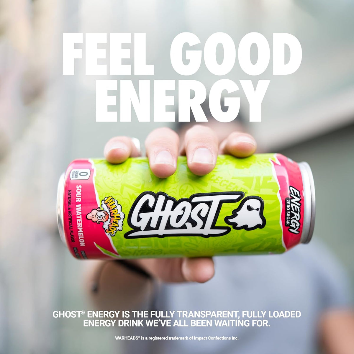 GHOST Energy Drink - 12-Pack, Warheads Sour Watermelon, 16oz - Energy & Focus & No Artificial Colors - 200mg of Natural Caffeine, L-Carnitine & Taurine - Gluten-Free & Vegan