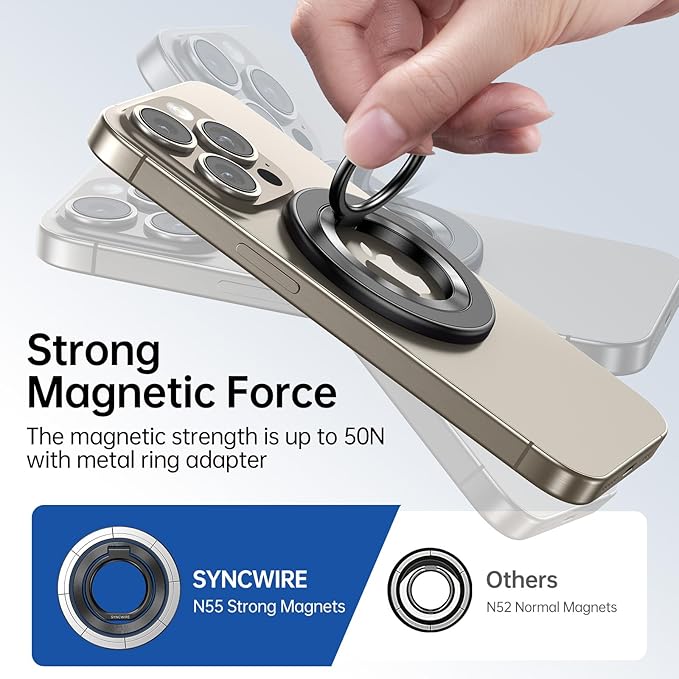 SYNCWIRE Magnetic Phone Ring Holder for MagSafe, 360° Rotation Cell Phone Grip Stand Finger Ring Kickstand Two-Sided Magnet Compatible with iPhone 17 Pro Max 16 15 14 13 12 MagSafe Accessories
