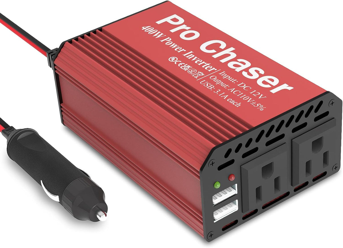 Pro Chaser 400W Power Inverters for Vehicles - DC 12v to AC 110v Car Inverter Converter, 6.2A Dual USB Charging Ports, Dual AC Adapter for Laptops Air Compressor