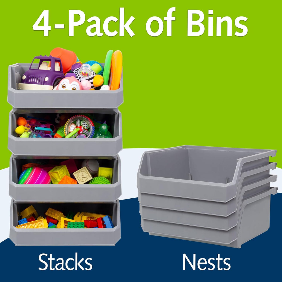 Plastic Containers for Organizing and Storage Bins for Closet, Kitchen, Office, Garage or Pantry Organization, Stackable Bins, Extra Large (14.8" x 16.5" x 7"), 4-Pack, Blue