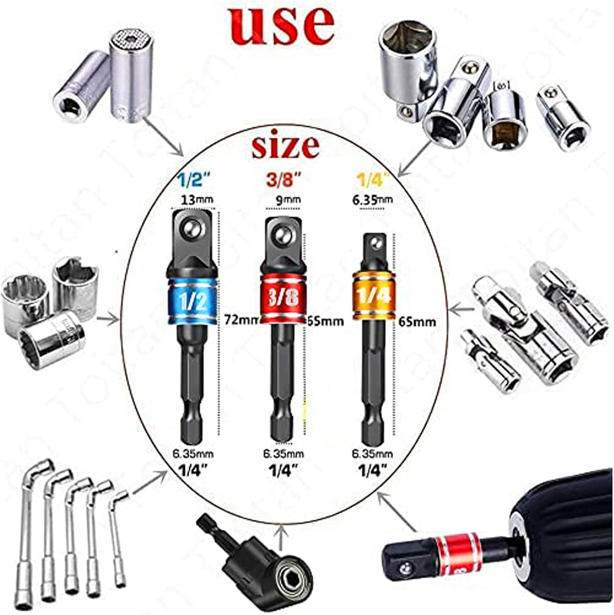 Impact Grade Socket Adapter Set - 3 Pcs Extension Drill Bit Socket Wrench Adapter for Impact Driver 1/4 3/8 1/2" Drive, 105 Degree Right Angle Drill Attachment for Household Workplace Industry