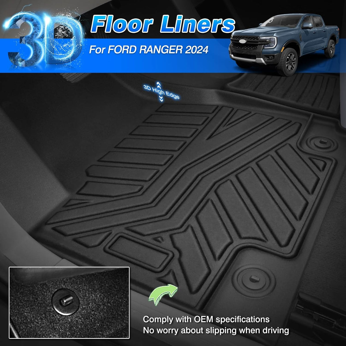 Cartist Floor Mats Fit for Ford Ranger 2024 2025 All Weather Floor Mat Ranger Accessories Heavy Duty Carpet Protection