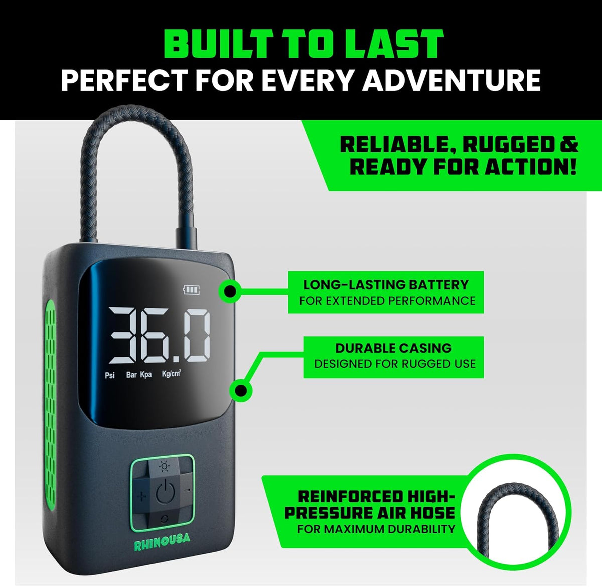 Rhino USA Tire Inflator Portable Air Compressor (150 PSI) Upgraded Air Pump for Car Tires with Digital Pressure Gauge - Best Mini Air Pump for Bike Tires with Dual LCD Screen (Black & Green)
