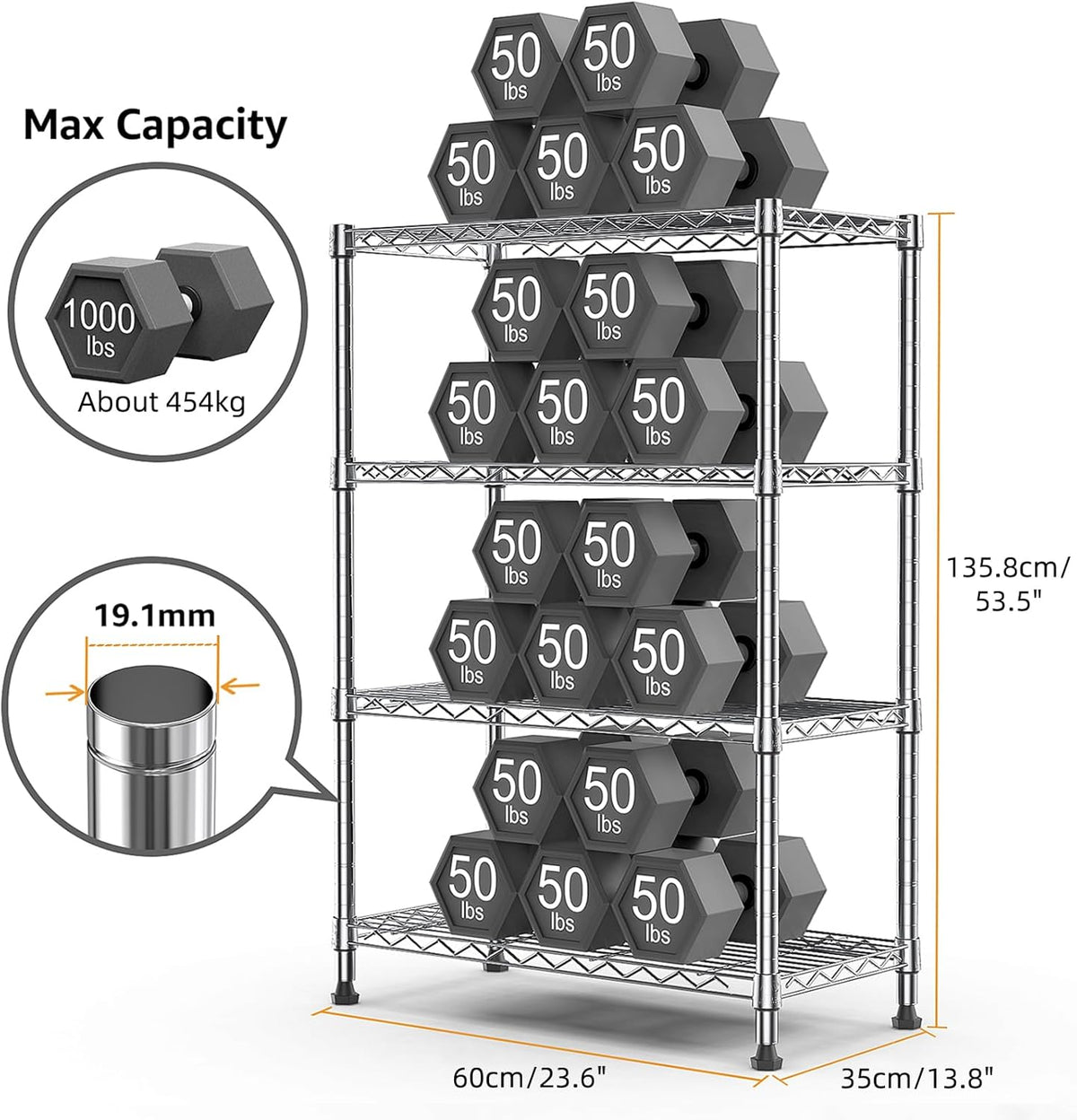 1000 lbs Storage Shelving 4-Tier Utility Shelving Unit Steel Organizer Wire Rack for Home,Kitchen,Office,Chrome (13.7" D x 23.6" W x 53.4" H)