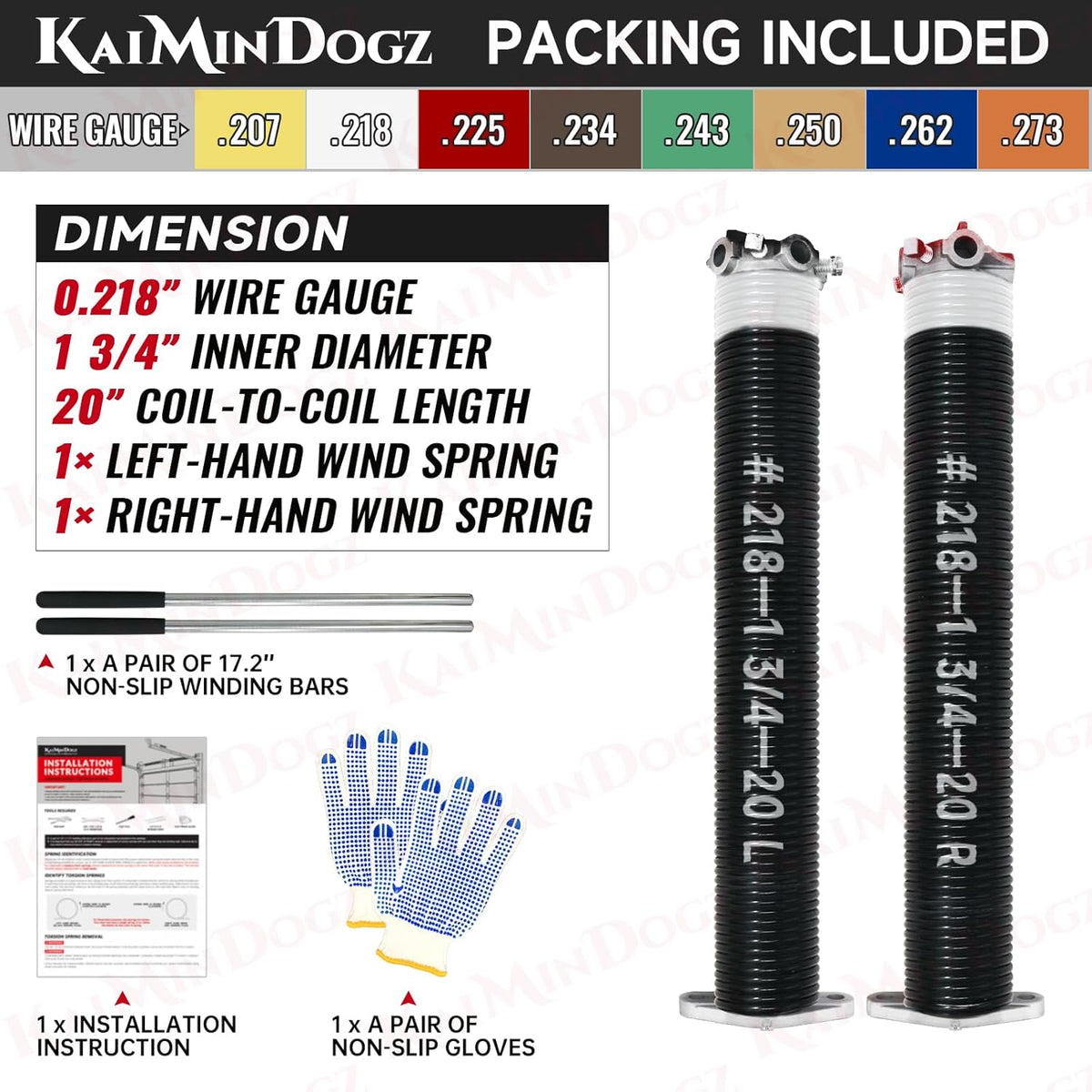 Pair of 1.75" Garage Door Torsion Springs Set with Non-Slip Winding Bars&Gloves, High Precision Electrophoresis Oil-Free Black Coated for Replacement, MIN 16,000 Cycles (0.218 x 1.75"x 20")