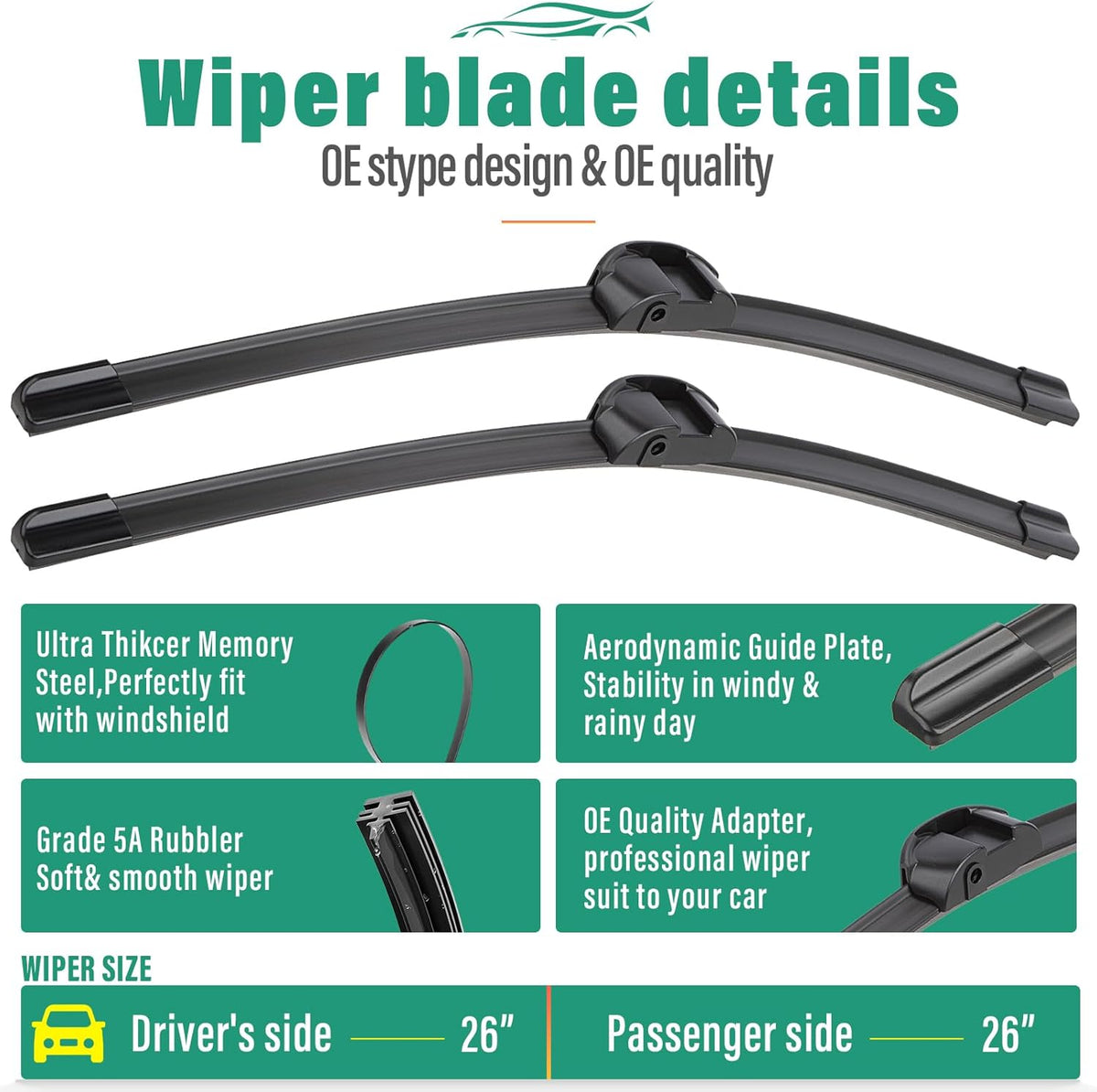 26" 26" 13" Windshield Wiper Blades Replacement for Porsche Cayenne VW Volkswagen Touareg 2011 2012 2013 2014 2015 2016 2017 Premium All Weather Front Rear Wipers Set - OEM Quality (Pack of 3)