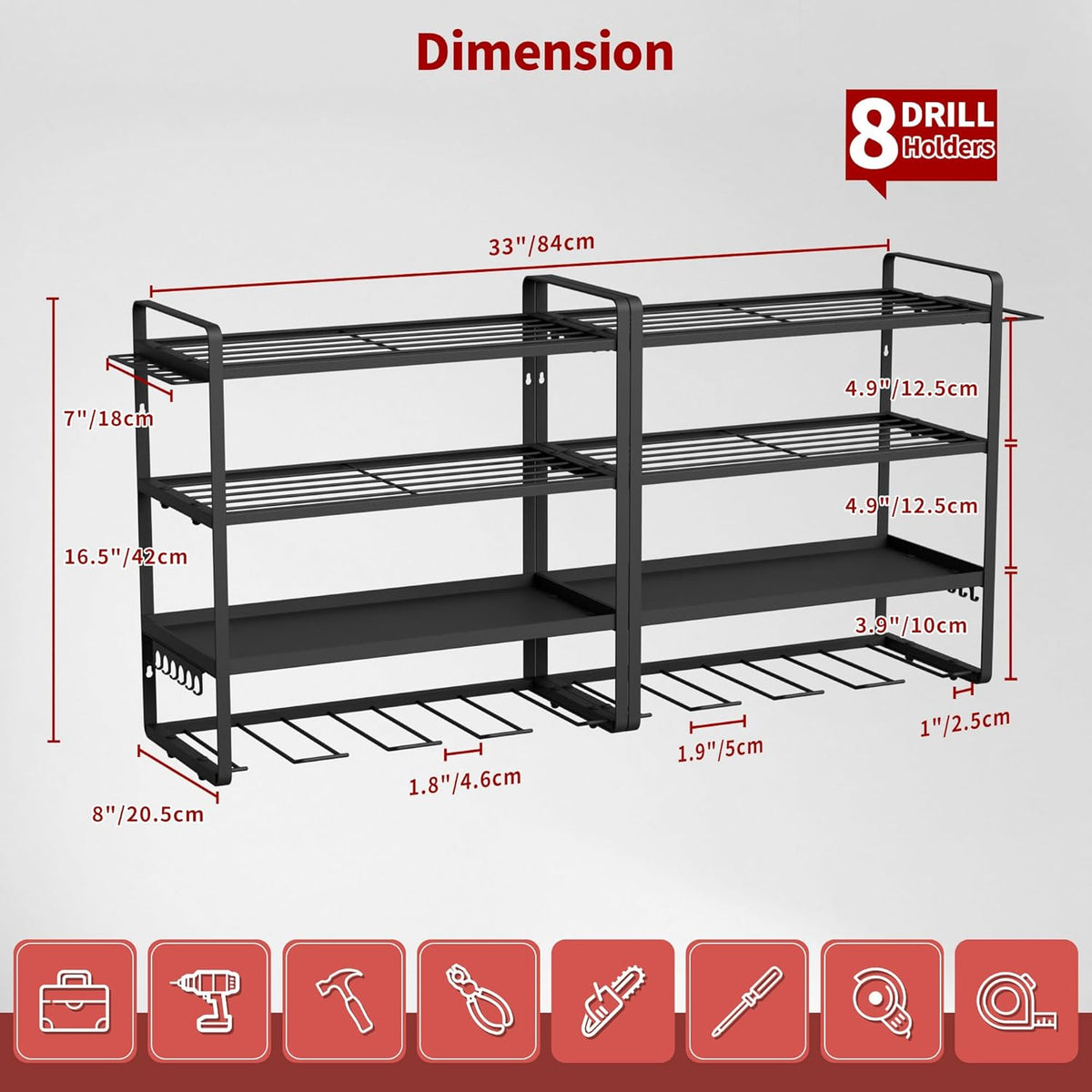 NINAT Heavy Duty 4-Tier Wall Mount Tool Organizer Rack - 8 Drill Holders, 150lb Capacity for Power Tools, Cordless Drills | Garage, Workshop, Shed & Basement Storage Solution