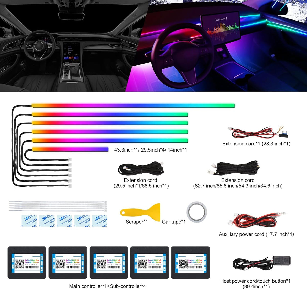 Dreamcolor Acrylic Interior Car LED Strip Light with Wireless APP, RGB 6 in 1 with 175 inches 600 LEDs Fiber Optic Car Ambient Lighting Kits, Sound Active Function LED Strip for Car Accessories