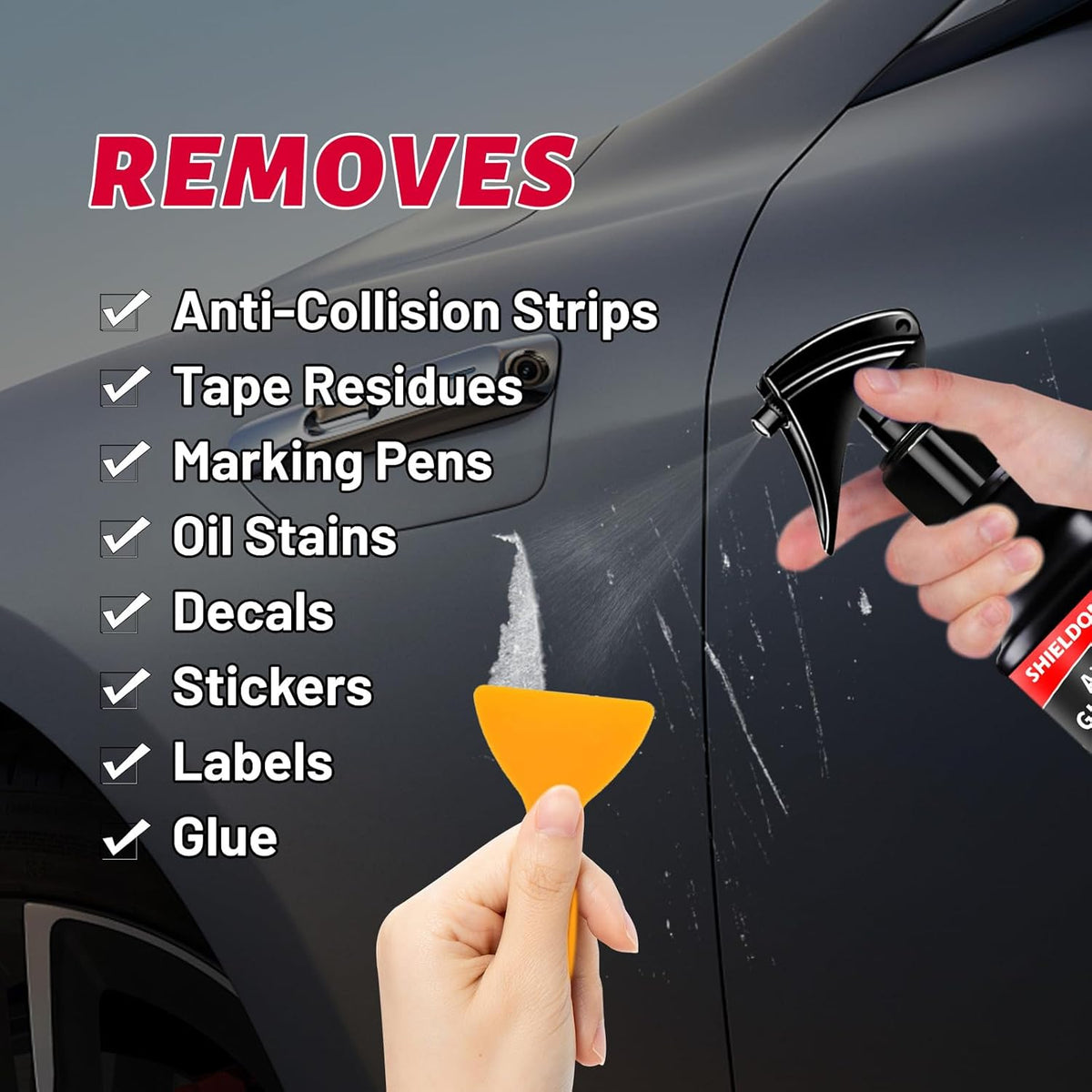 Adhesive Remover, Dissolve & Soften Adhesives on Car Glass & Paint, Easily Remove Glue Sticker Labels Decals Tape Residue, Portable Spray Removal Set with Scraper, Spatula, Towel -3.4oz/100ml