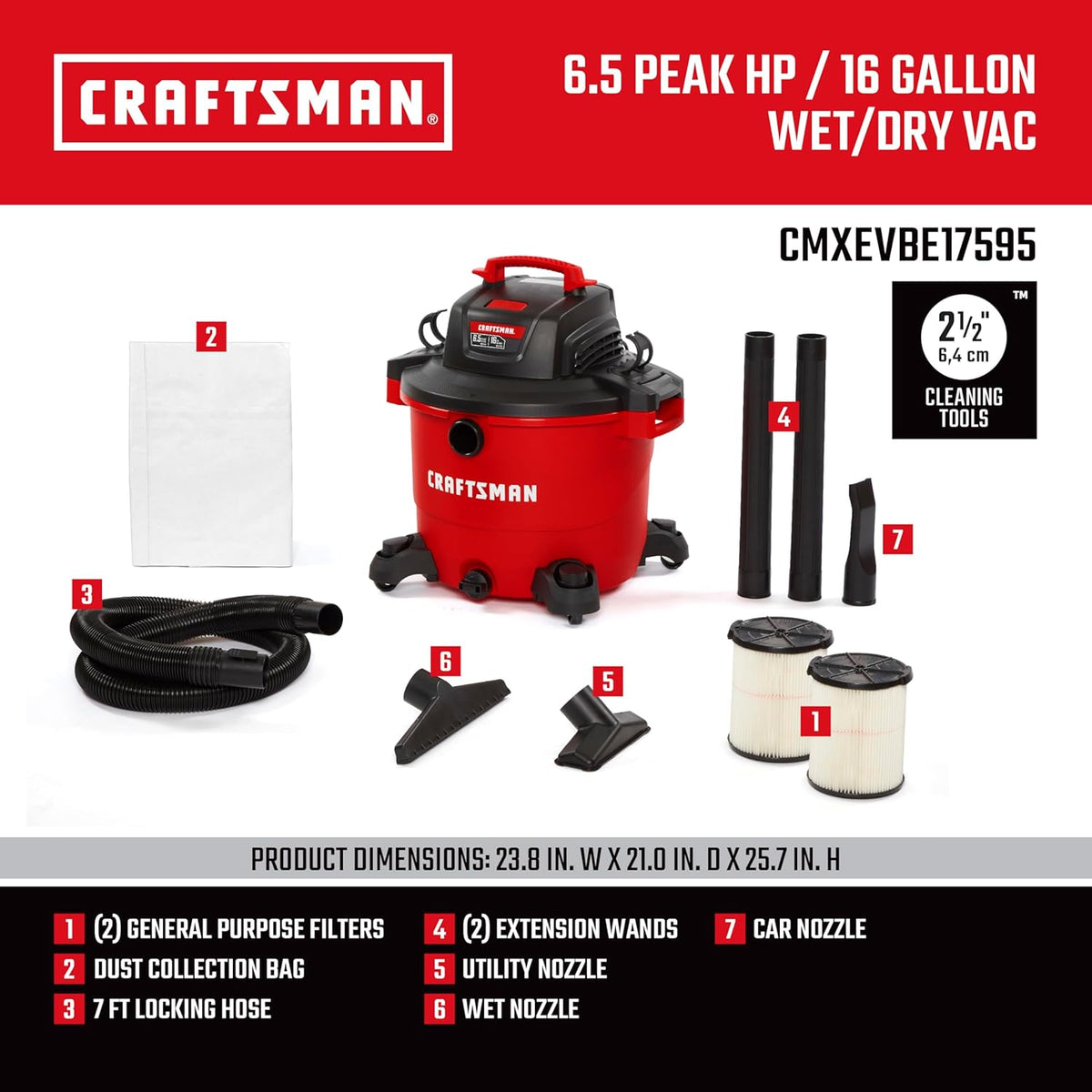 CRAFTSMAN CMXEVBE17595 16 Gallon 6.5 Peak HP Wet/Dry Vac, Heavy-Duty Shop Vacuum with Attachments and Additional General Purpose Filter