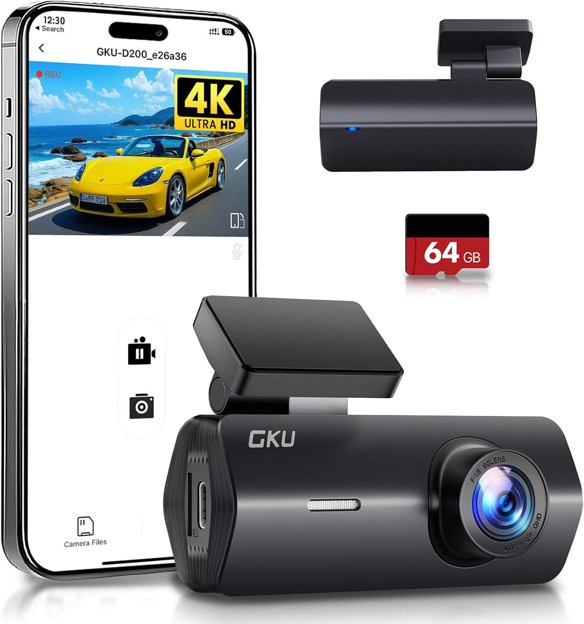 GKU 4K Dash Cam,Dash Cam Front with UHD 2160P, DashCam Built-in WiFi, 24H Parking Monitor,Night Vision,WDR,170° Wide Angle,Loop Recording,G-Sensor,DashCam Includes 64GB Card (Black)