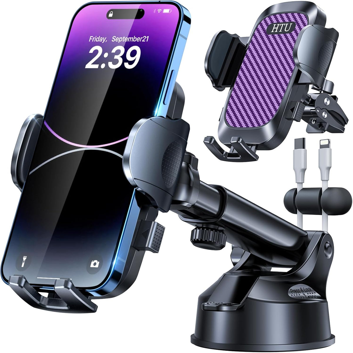 HTU 2025 Best Car Phone Holder 【Ultimate 5-in-1 & Upgraded 100+LBS Strongest Suction】【True Military-Grade & Safety Cert】 360° Windshield Dashboard Vent Mount Stand for iPhone Android & Truck, Purple