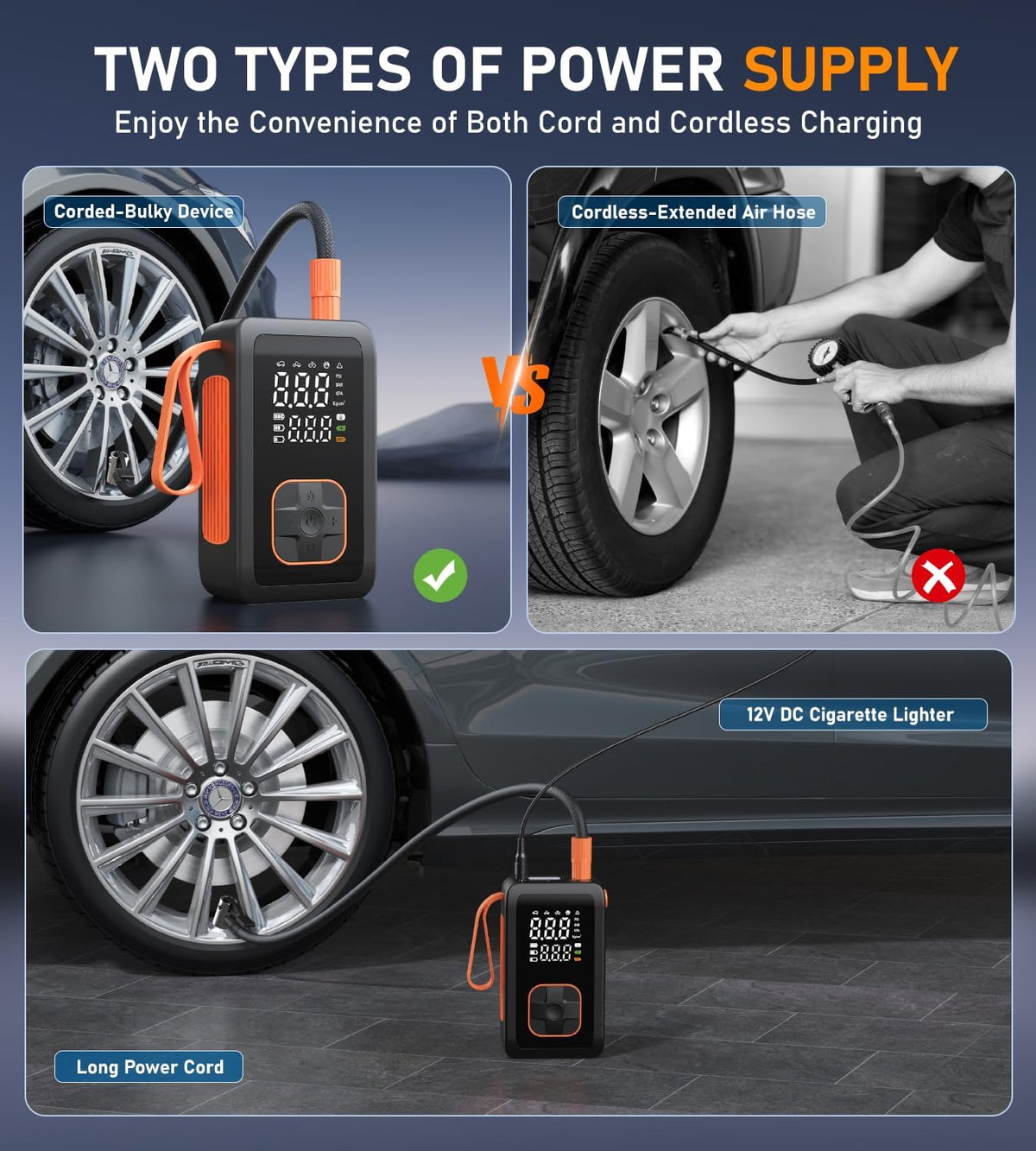 Tire Inflator Portable Air Compressor, 180PSI & 15000mAh Cordless Air Pump for Car Tires with Pressure Gauge, 3X Faster Tire Pump with Cigarette Lighter Plug for Car, Motorcycle, Bicycle, Ball(Black)