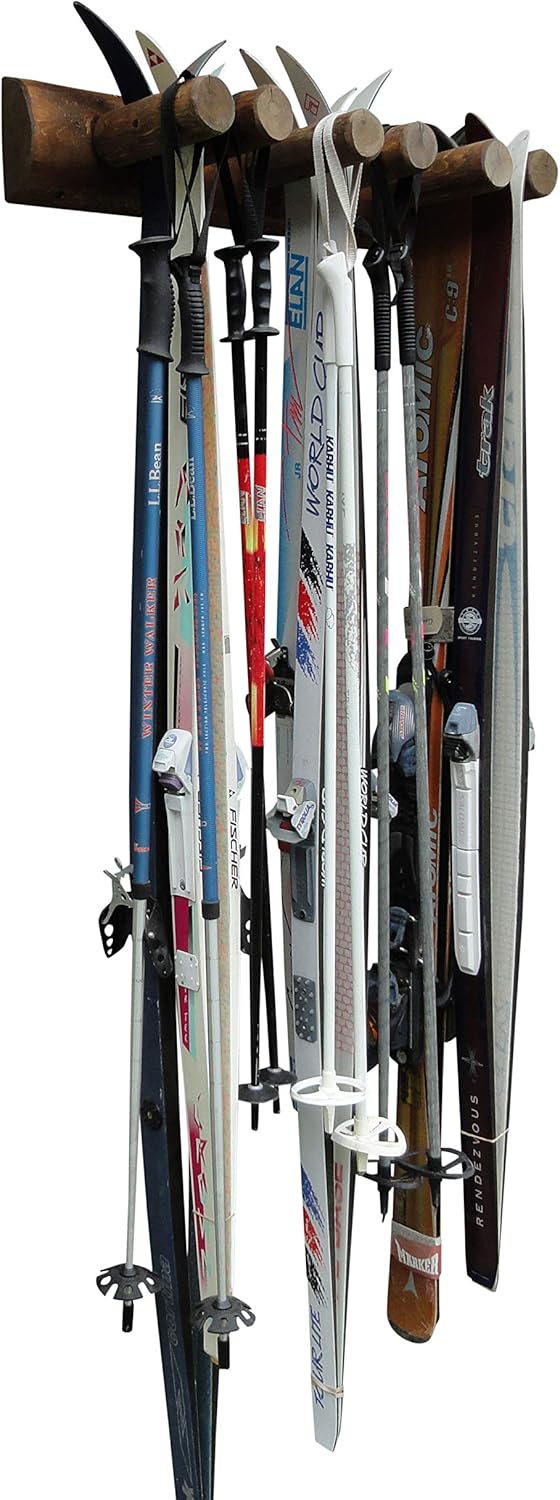 6-Place Log Ski Rack Wall Mount, Indoor Ski Storage Rack for Garage Organizers, Wooden Skis Wall Mount Storage Racks, Pole Skis Sports Racks, Garage Organization Walls - Canyon Brown