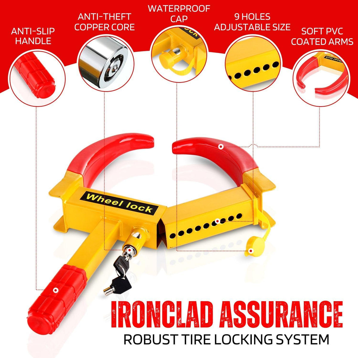 Flexzion Trailer Wheel Lock Anti Theft Wheel Clamp Lock - Heavy Duty Adjustable Tire Boot Lock for Trailer with Keys, Red & Yellow Universal Wheel Clamp for Cars, Golf Carts, Boats, Scooters